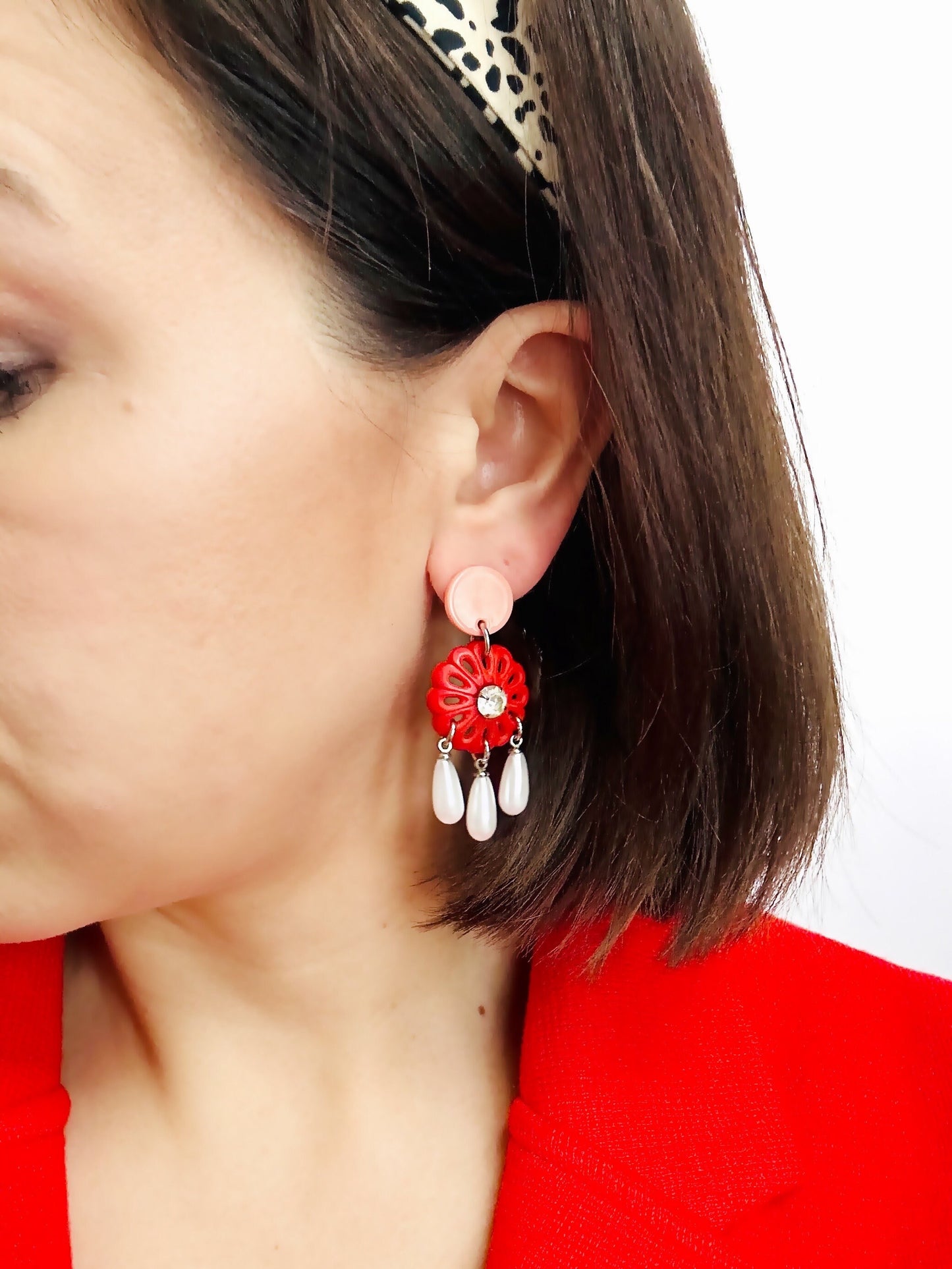 Repurposed vintage red button earrings with white pearl teardrops and pink posts