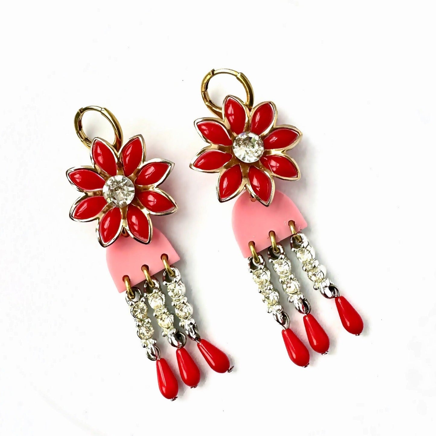 Repurposed vintage red and pink floral dangly rhinestone earrings