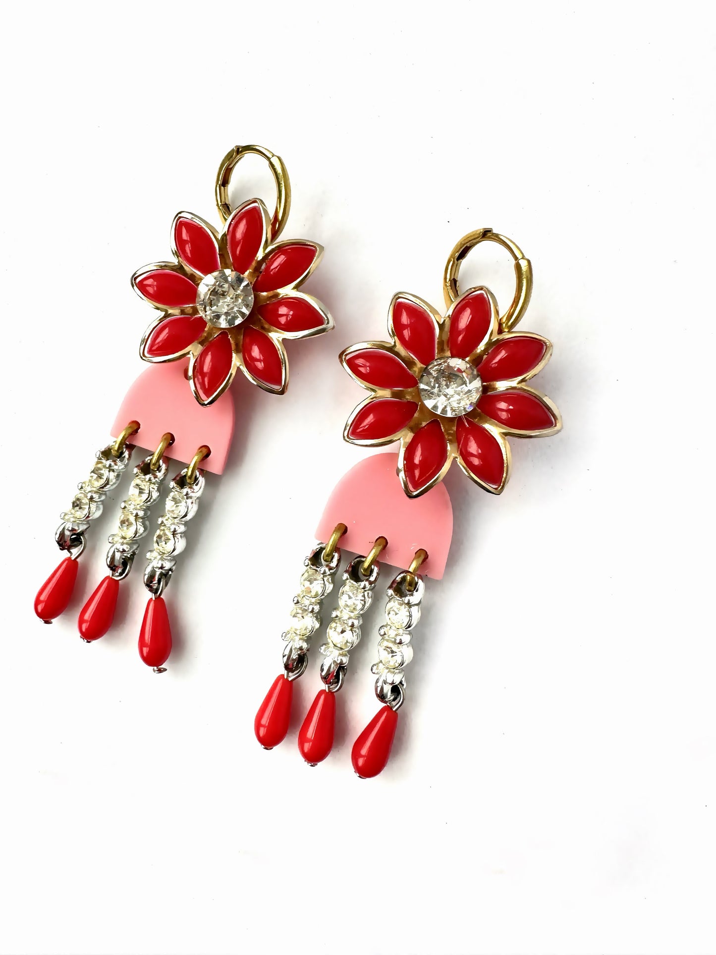 Repurposed vintage red and pink floral dangly rhinestone earrings