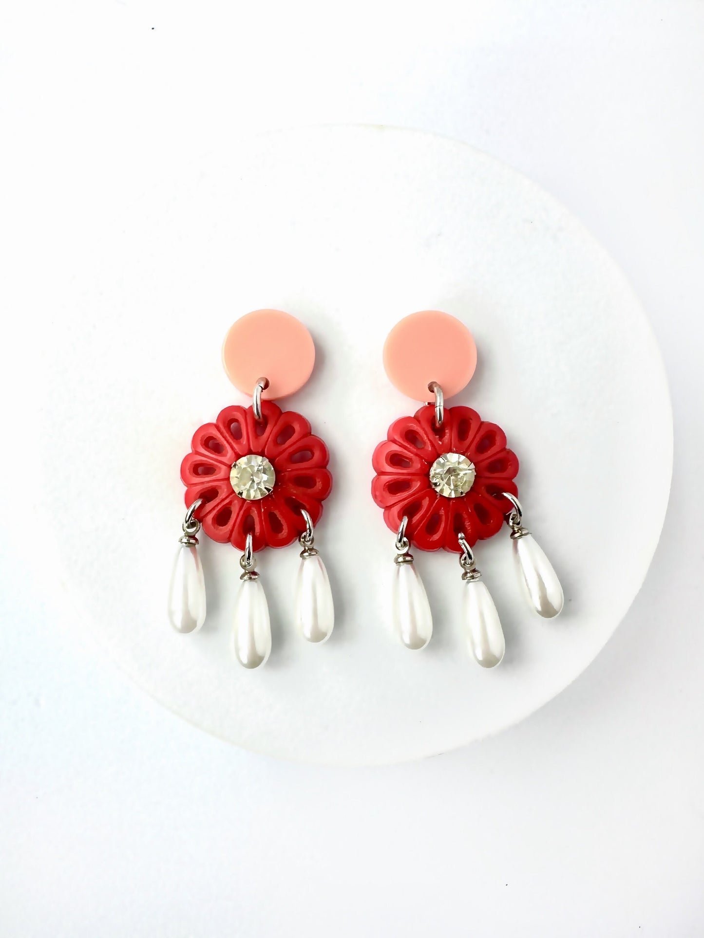 Repurposed vintage red button earrings with white pearl teardrops and pink posts